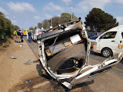 Taxi rolls on highway leaving eleven injured.
