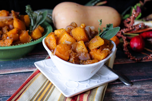 A small bowl of Butternut Squash and Shallots.