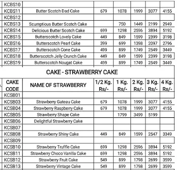 Kwality Cake menu 