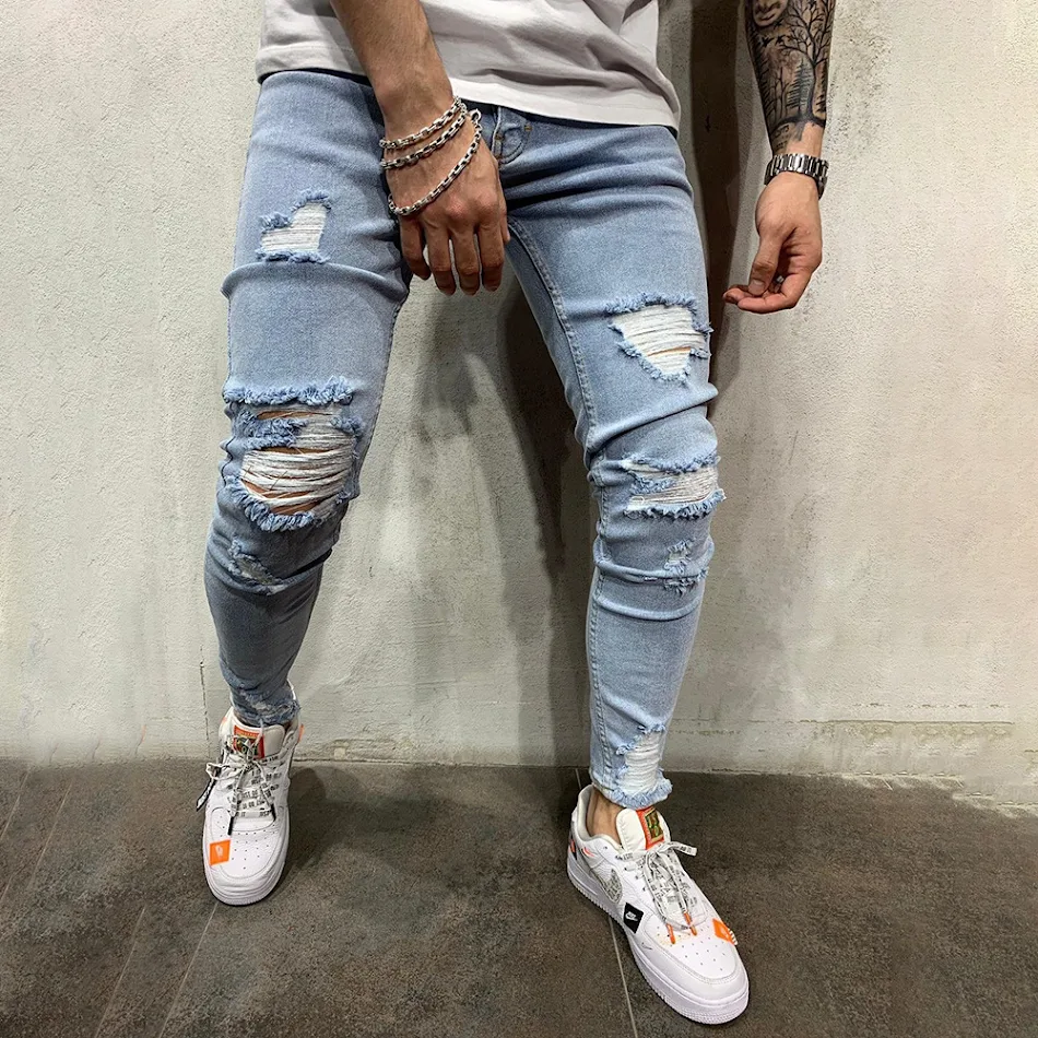 Erkek slim fit skinny yırtık kot pantolon, Avrupa ve Amerikan tarzı, genç modası, büyük beden, modern ve şık görünüm için ideal yırtık kotlar.