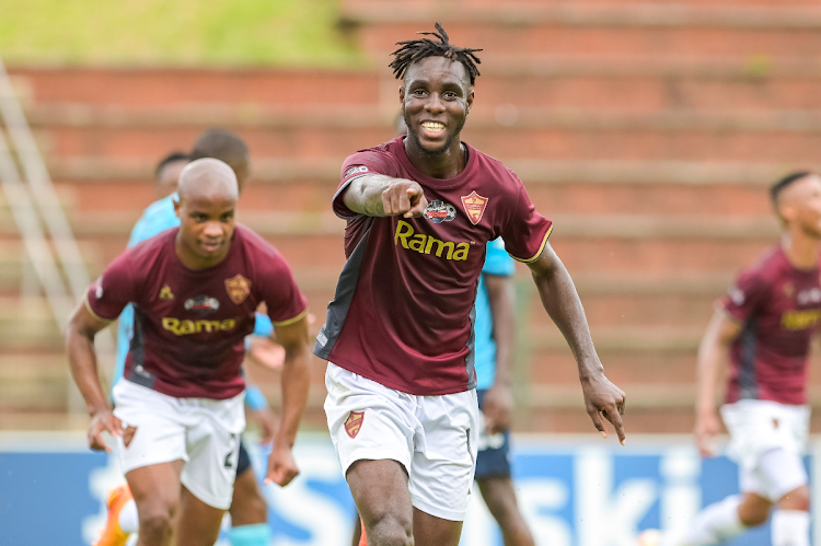 Stellenbosch FC player Anicet Oura celebrates scoring during the Carling Knockout semi-final match against Richards Bay at King Zwelithini Stadium on December 02, 2023.