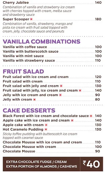 Corner House Ice Creams menu 