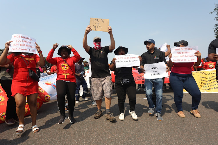 Transnet employees picket outside the state-owned entity's offices on the Bluff, south of Durban.