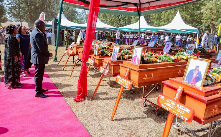 Deputy president Rigathi Gachagua accompanied by his spouse Dorcas Rigathi and governor Ann Waiguru in Kirinyaga during the burial mass of 17 people - who were killed after consuming toxic, poisonous and illegal alcohol