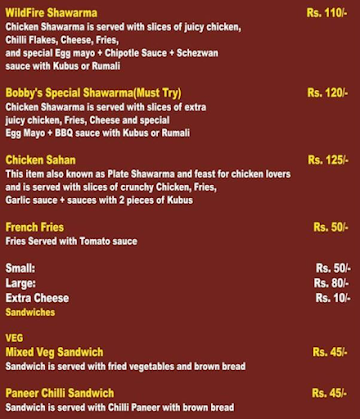 Bobby's Cafe menu 