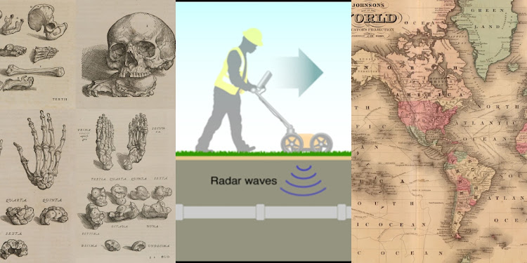 A collage of technologies that can be used in tracing the dead.