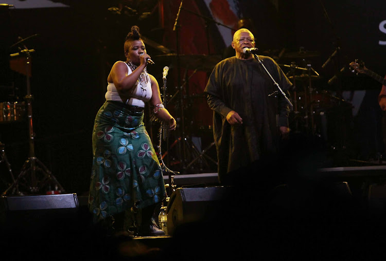 Thandiswa Mazwai and Hugh Masekela performing during the 13th Cape Town International Jazz Festival on March 31 2012.