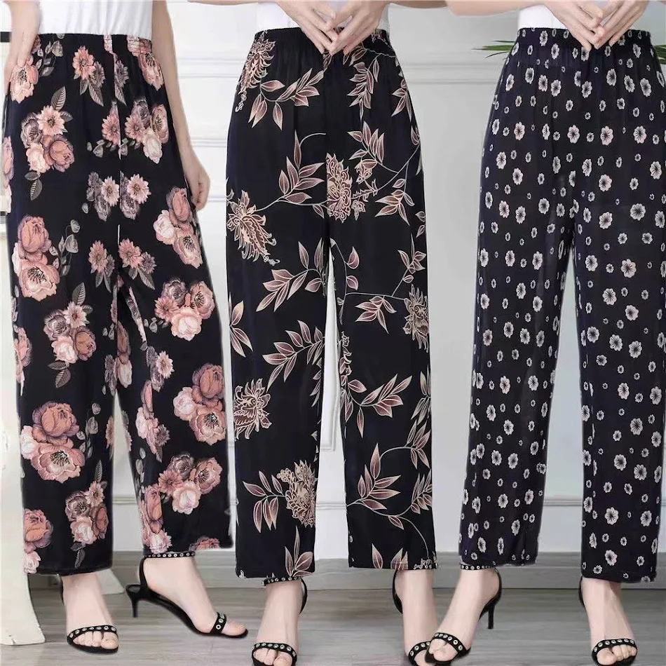 Pantalon 9/4 décontracté en soie glacée extensible pour femmes, ample et confortable, idéal pour l'été, léger et respirant