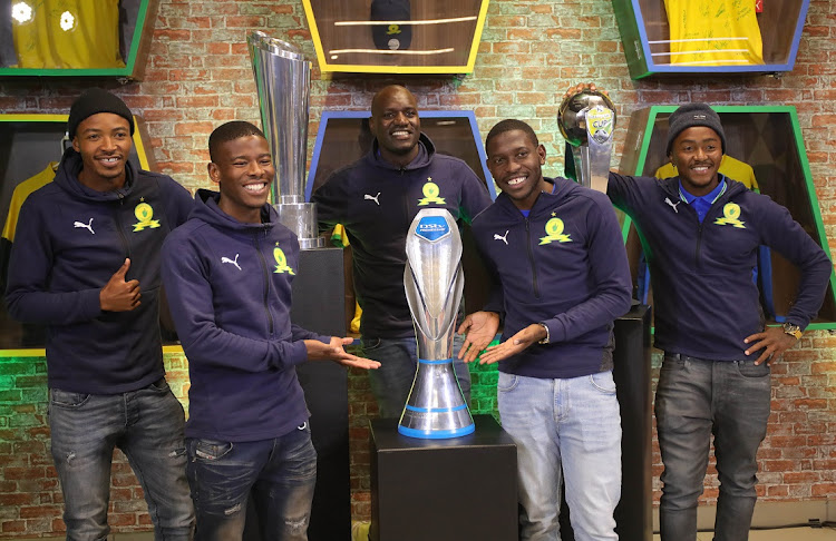 Mamelodi Sundowns players (left to right) Thapelo Morena, Neo Maema, Denis Onyango, Aubrey Modiba and Lebohang Maboe during a trophy tour at Mams Mall in Mamelodi on May 31 2022.