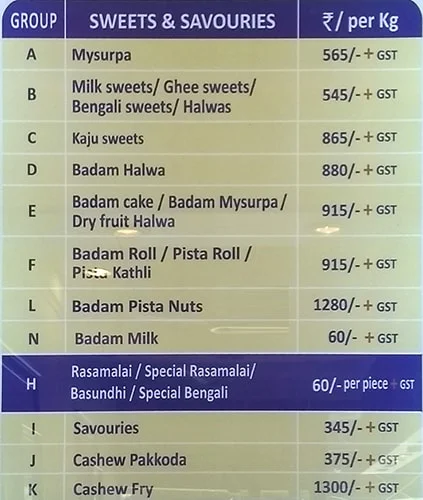 Sri Krishna Sweets menu 