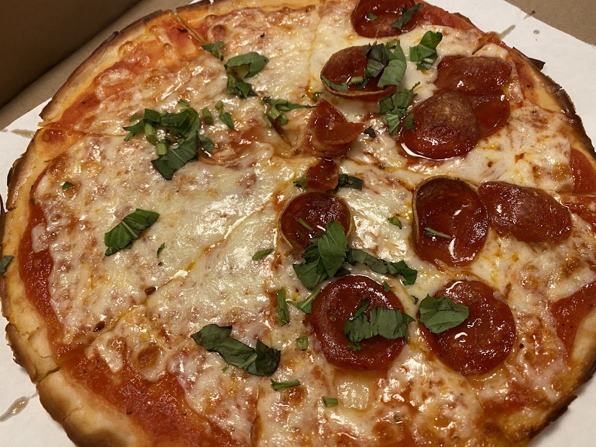 Amazing gluten free crust with 1/2 pepperoni and 1/2 cheese ordered by our guest