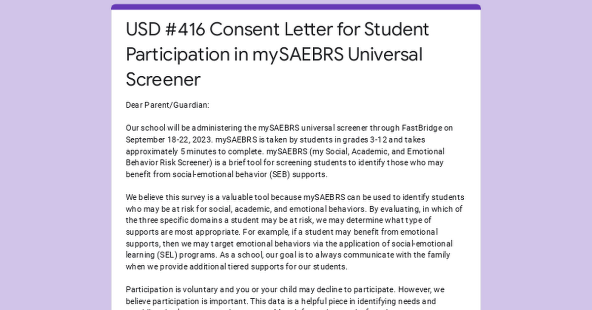 USD #416 Consent Letter for Student Participation in mySAEBRS Universal Screener