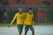 Bafana Bafana players Khuliso Mudau, left, and Themba Zwane during the Africa Cup of Nations match against Namibia at Stade Amadou Gon Coulibaly on January 21 2024 in Korhogo, Ivory Coast.