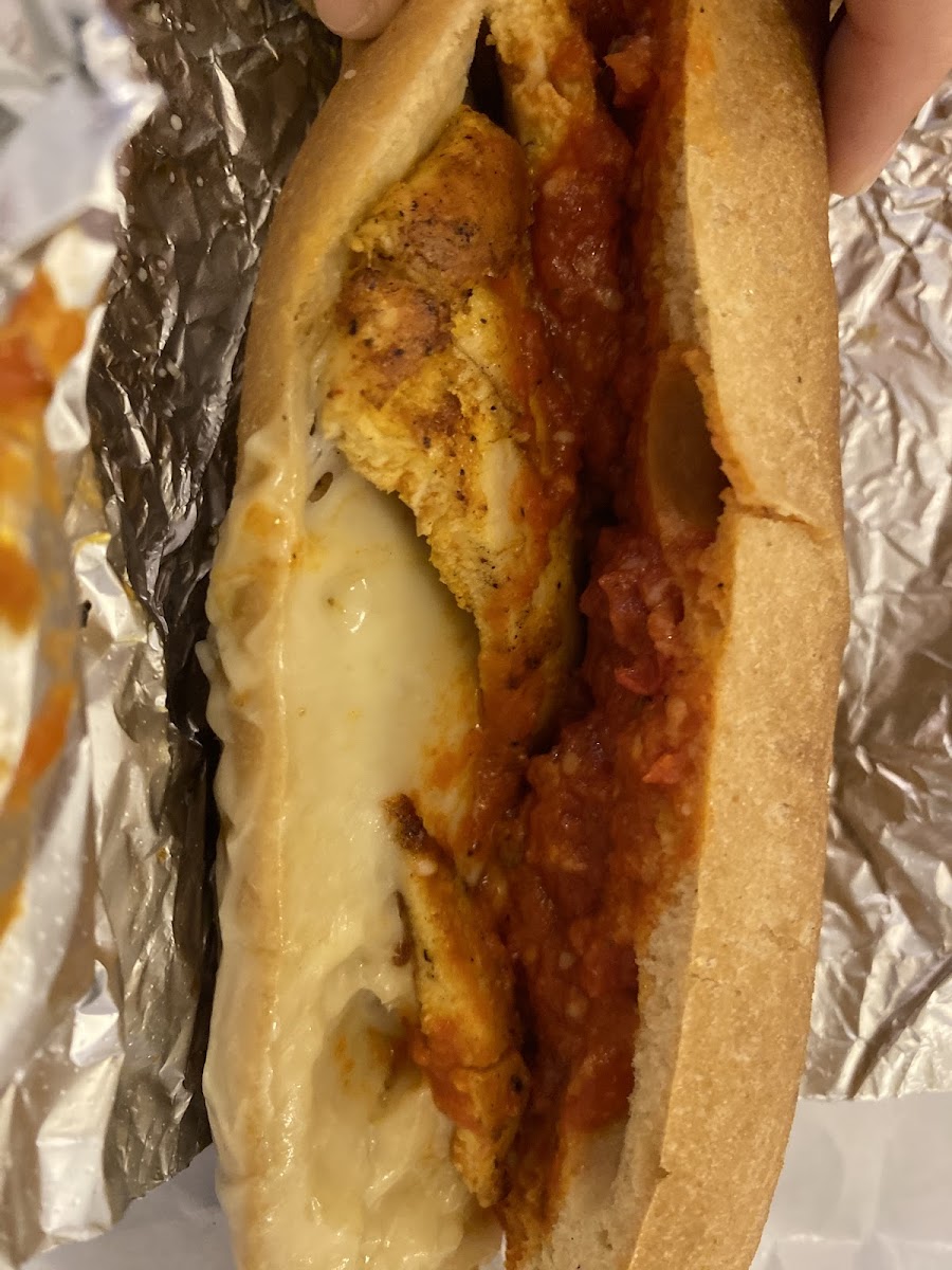 Chicken parm sub- I asked them to swap the chicken cutlet for grilled chicken to nake it GF and they were more than willing to do so. They have many sandwhiches marked GF already but since the cutlets are not GF, they don't label the chicken parm GF. The modification was perfect!