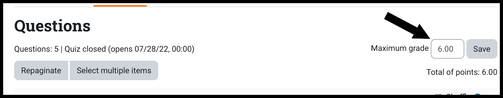 Arrow pointing to a box with the number value for maximum grade for a quiz and Save button is to the right of the number box