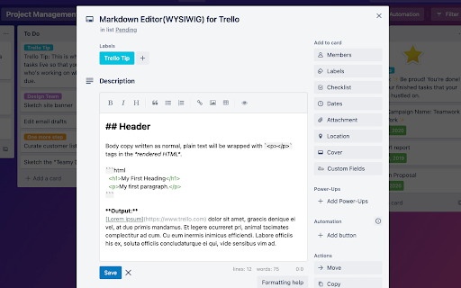 Markdown Editor(WYSIWYG) for Trello