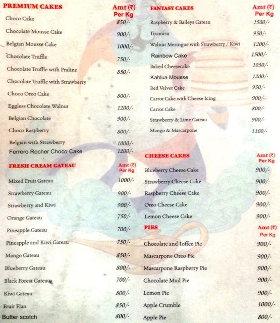 Cake Genie menu 