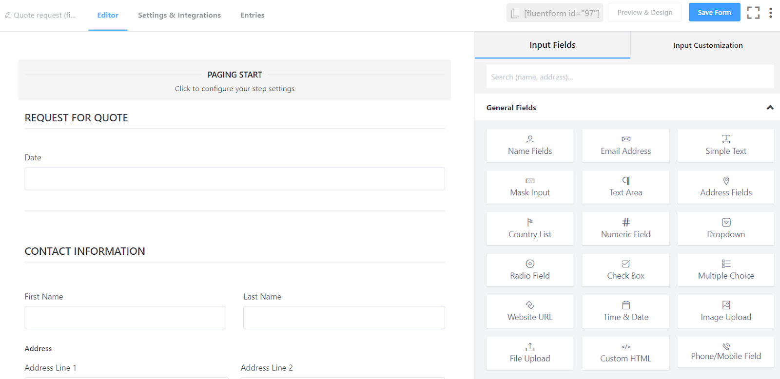 pre built request a quote form in fluent forms