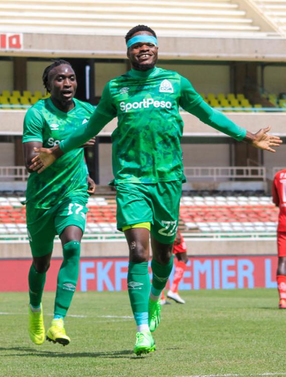 Gor Mahia striker Benson Omalla celebrates with teammate Lyson Muyonga Khavuchi in a past action