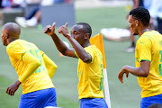 Mamelodi Sundowns' Peter Shalulile celebrates his goal with his teammates in his team's Caf Champions League win against  Al Ahly at FNB Stadium on March 12 2022. Sundowns have drawn third-tier Summerfield Dynamos on the Nedbank Cup quarterfinals.