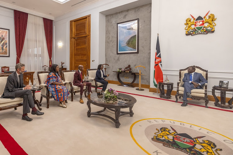 President William Ruto hold talks with the Goodwill Ambassador of the International Organisation for Migration Mo Farah, IOM Chief of Mission Sharon Dimanche and other leaders at State House on April 23, 2024.