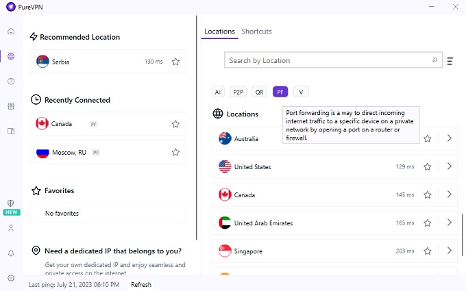 PureVPN servers with port forwarding