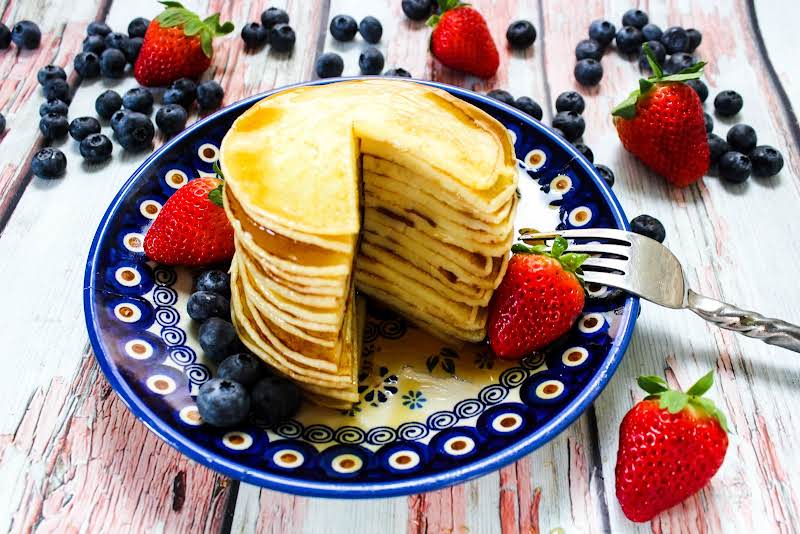 Layers Of Papa's Buttermilk Pancakes.