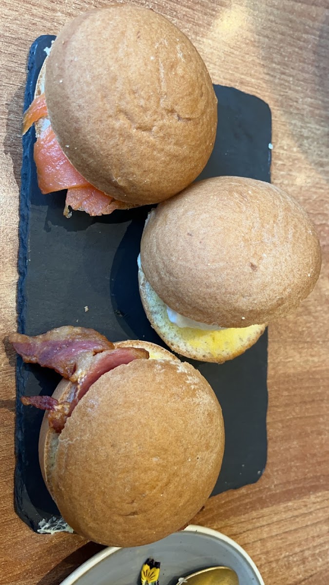 gluten free sliders!! (bacon, poaches egg and salmon) they were so good!!