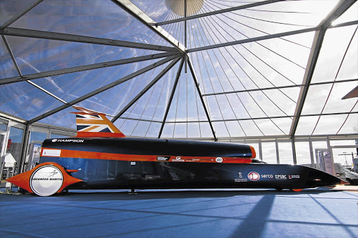 A full-size model of the Bloodhound supersonic car. The car will attempt to set a land speed record of 1610km/h in South Africa within the next two years Picture: CURVENTA and SIEMENS