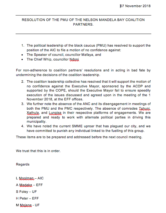 A screengrab of the letter purportedly written by leaders of the EFF, AIC and United Front.