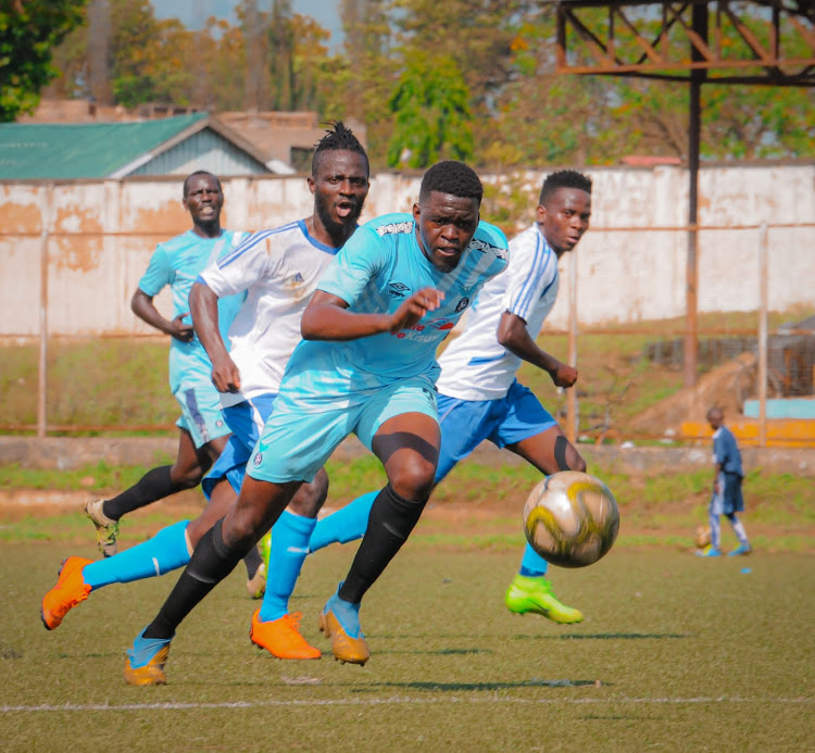 Kisumu All Stars defender Fredrick Ochieng in action against MCF at Moi Stadium in Kisumu