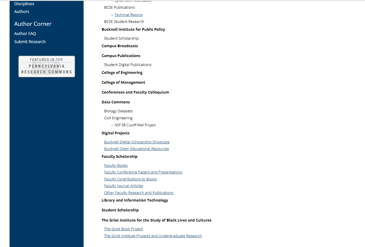 a screenshot of the list of series and collections listed in Bucknell Digital Commons
