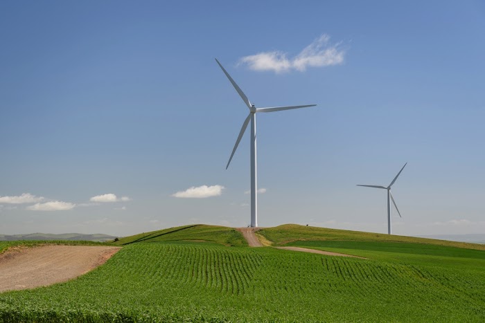 Two wind turbines in a green field under a blue sky
