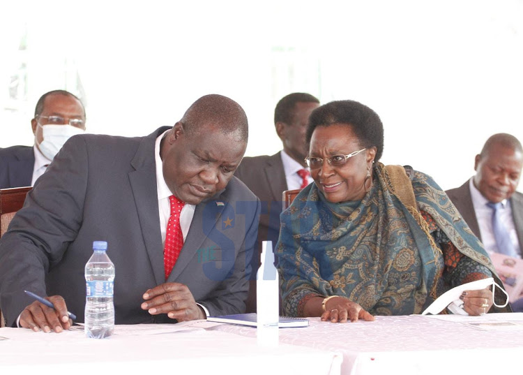 PS Early learning and basic education PS Julius Jwan with State Department for Implementation of Curriculum Reforms PS Fatuma Chege during the release of the KCPE results at KNEC headquarter along Dennis Pritt road on March 28, 2022.