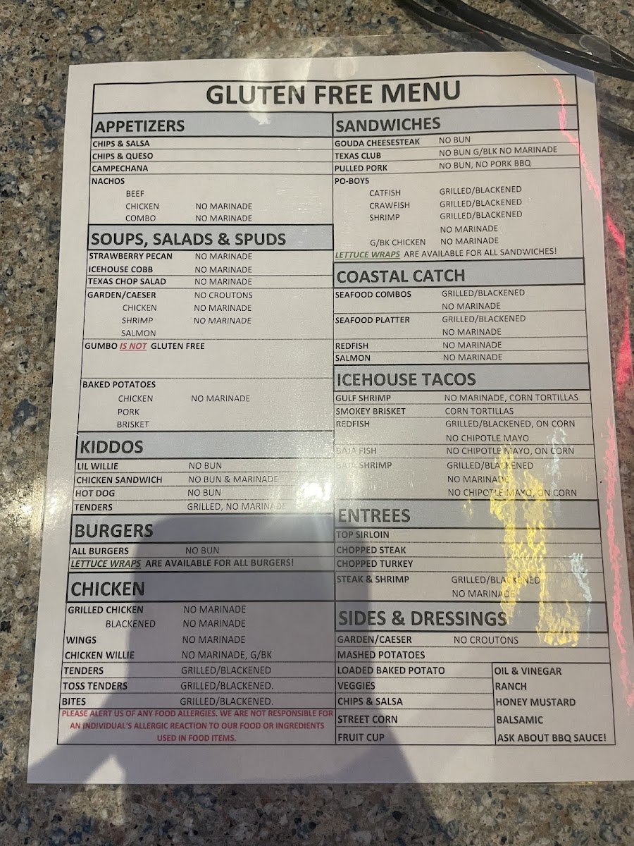 Gluten free menu