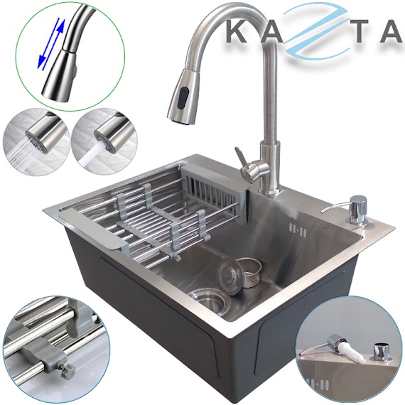 Combo Chậu Rửa Chén Bát Cao Cấp Kazta Kz - Cb6045Dr Inox Gồm: Chậu Rửa Chén, Vòi Rửa Chén Nóng Lạnh Và Phụ Kiện Kèm Theo