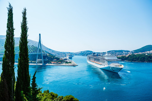  A cruise ship approaching Cruise Port of Dubrovnik in Dubrovnik, Croatia
