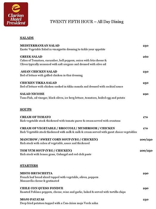 The Twenty Fifth Hour - Clarion Hotel menu 