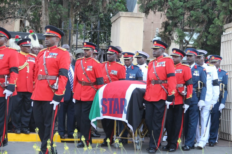 The cortege carrying the remains of former President Daniel Moi at Parliament Buildings.