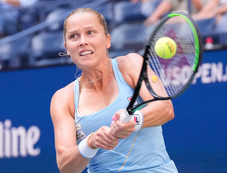 Shelby Rogers of the USA hits to Emma Raducanu of the United Kingdom on day eight of the 2021 U.S. Open tennis tournament at USTA Billie Jean King National Tennis Center.