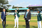 SA captain Dean Elgar and Bangladesh counterpart Mominul Haque conduct the coin toss on day one of the first Test at Kingsmead Stadium in Durban on March 31 2022.