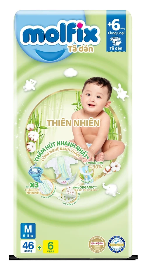 Tã dán Molfix Thiên nhiên Jumbo M Gói 46+6 miếng (cho bé 6kg-11kg)