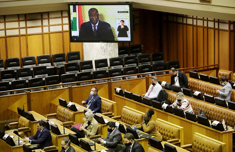Finance minister Tito Mboweni delivers his virtual supplementary budget speech to the National Assembly in Cape Town on Wednesday.