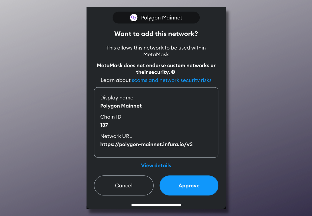 Approving the added network on MetaMask.