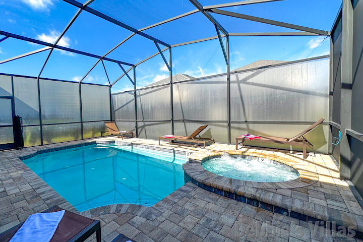 Sunny private pool and spa deck at this Solara vacation villa