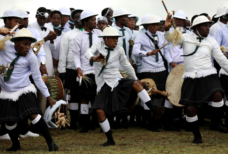 Scotch Group from Ebuhleni Nazareth Baptist Church performs during the uMgidi ceremony.