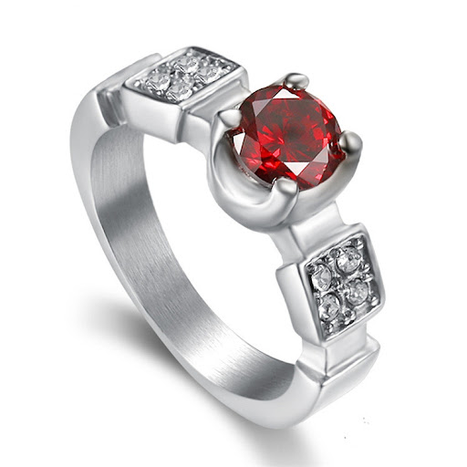Title 2, Ruby Titanium Steel Four-Claw Diamond Ring. Sym...