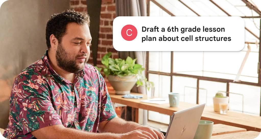 A person uses Gemini on a laptop in a cafe, asking the AI to draft a 6th grade lesson plan about cell structures.