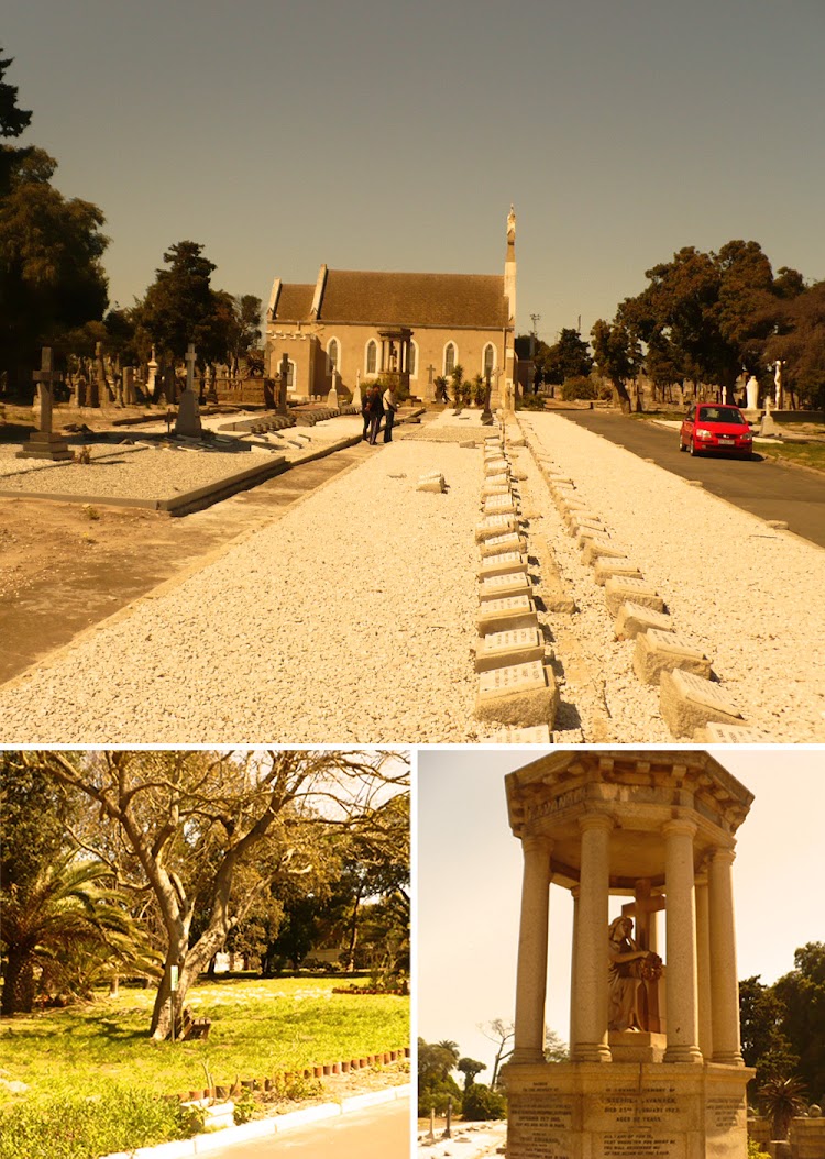 TOP: The mother who shouted crossly at her son's memorial stone. BOTTOM LEFT: The garden of sadness outside the chapel. BOTTOM RIGHT: One of the typical monuments in the cemetery.