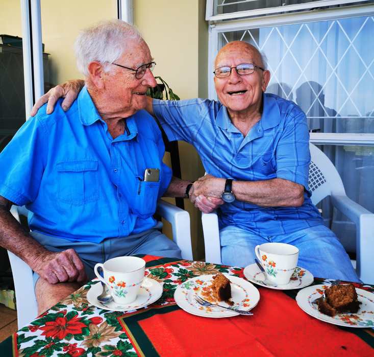 POIGNANT REUNION: Melvin Baker, left, the only remaining survivor of the sinking of warship HMS Gloucester in 1941, is reunited with Manny Kaligeros, who witnessed the incident in Greece when he was just nine years old